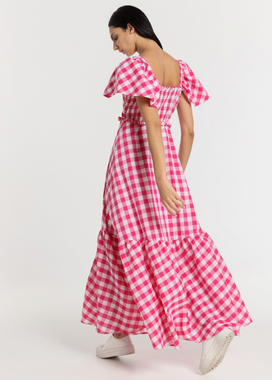 Long boho dress with ruffled sleeves and honeycomb Vichy checks