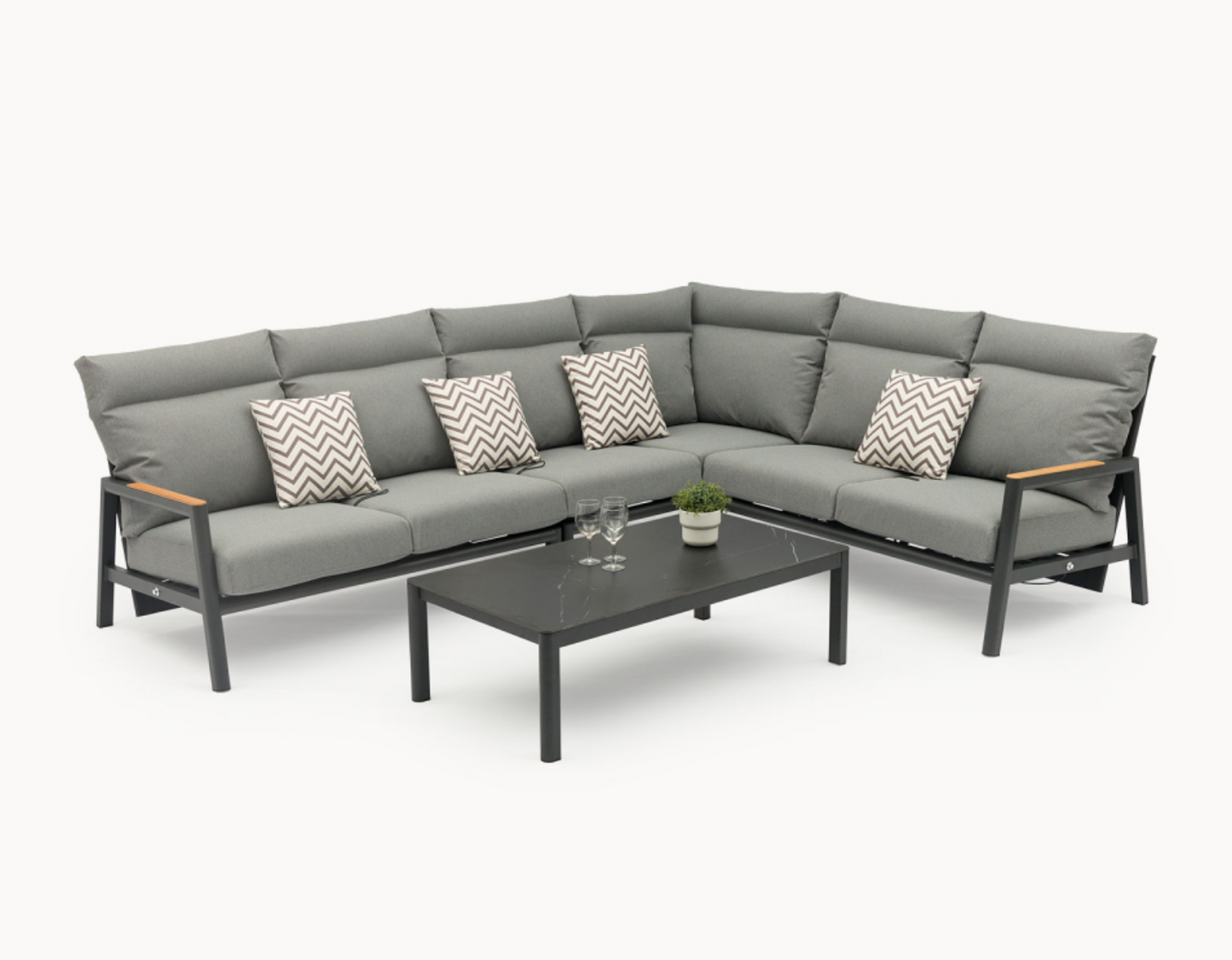 Aluminium Wood Large Corner Sofa Lounging Set in Graphite Grey