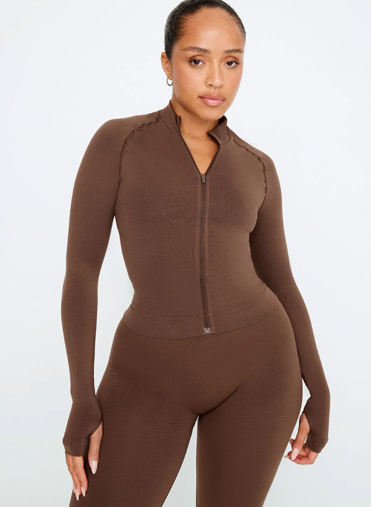 Sculpt Seamless Mock Neck Zip Through Jacket- Black Marl