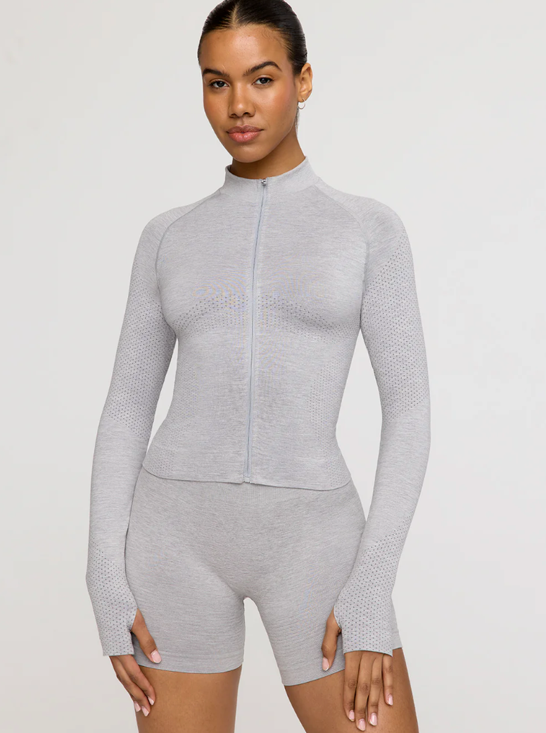 Sculpt Seamless Mock Neck Zip Through Jacket- Black Marl