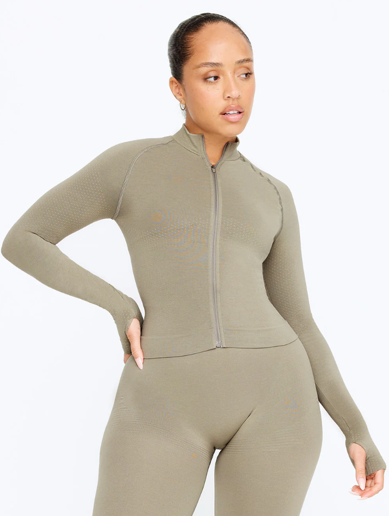 Sculpt Seamless Mock Neck Zip Through Jacket- Black Marl