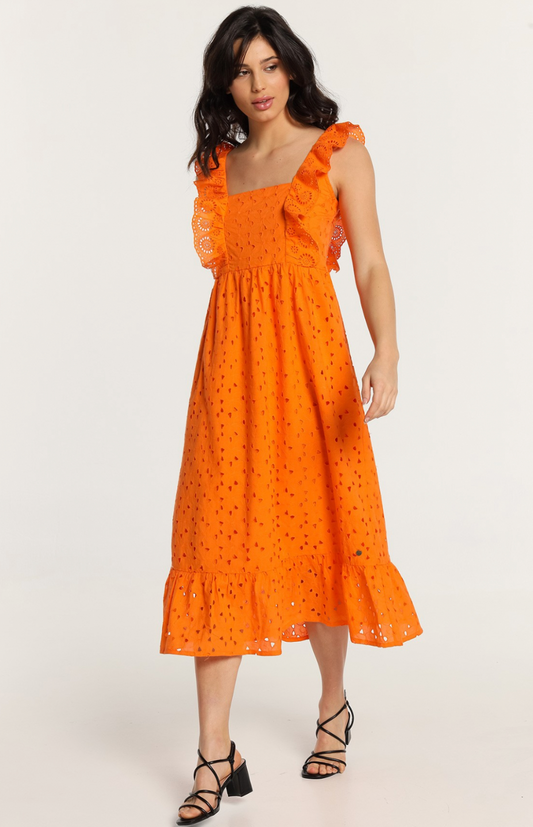 Eyelet midi dress with straps and ruffle