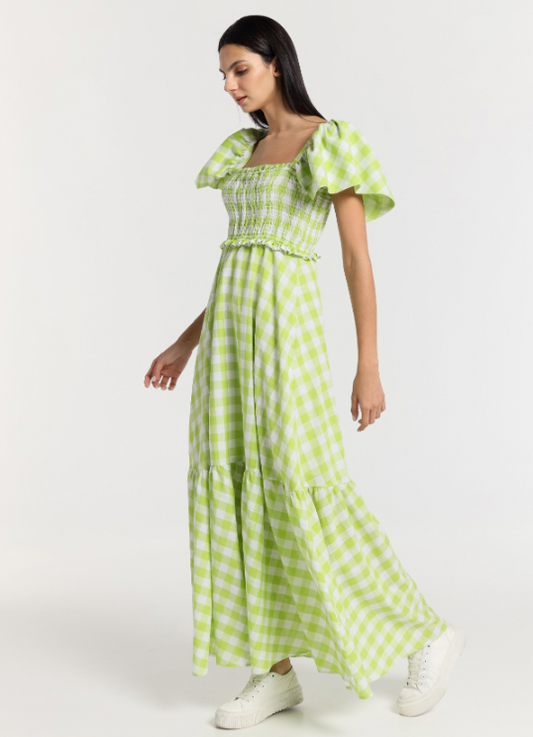 Long boho dress with ruffled sleeves and honeycomb Vichy checks