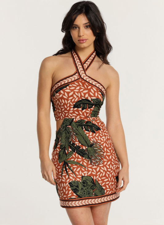 Tropical print cut-out halter short dress