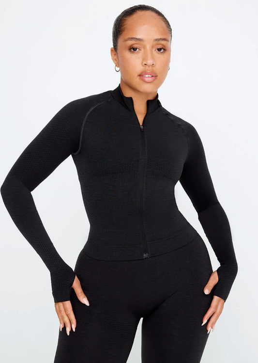 Sculpt Seamless Mock Neck Zip Through Jacket- Black Marl